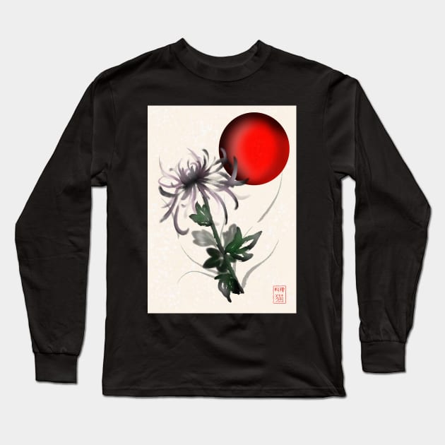 Sumi-e chrysanthemum with a red rising sun Long Sleeve T-Shirt by cuisinecat